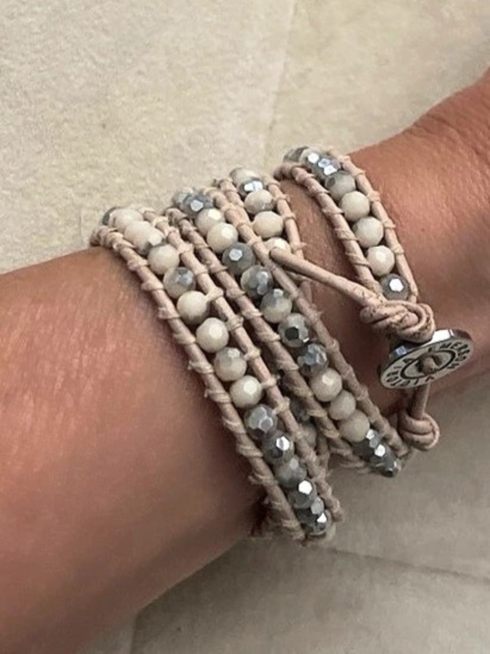 Victoria Emerson Beaded Wrap Bracelet in Gray, silver, & Beige